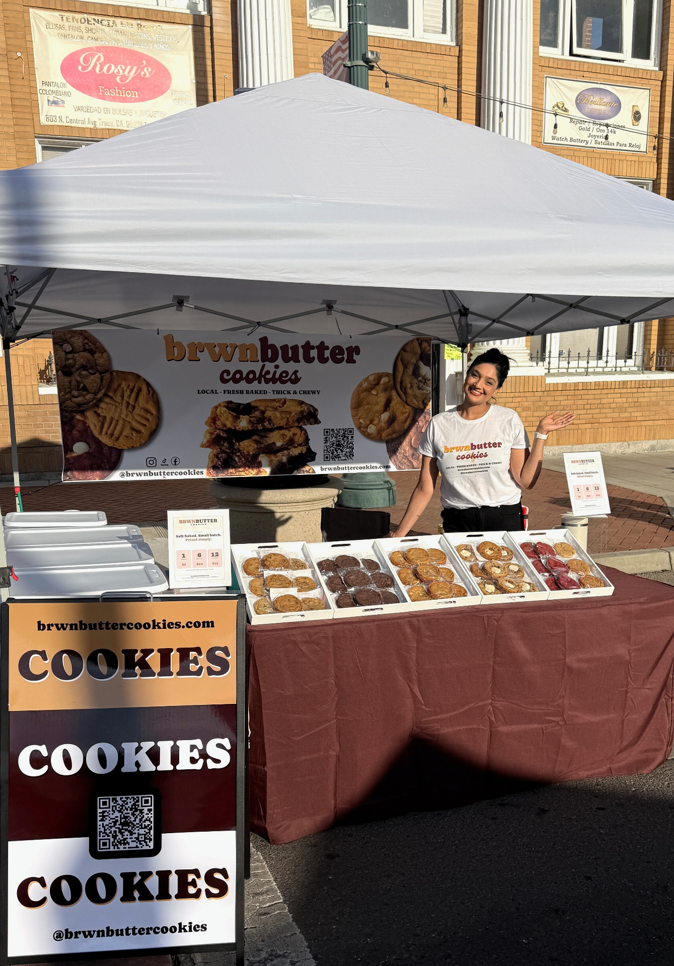Sue at her brwnbutter cookies booth at the farmers market